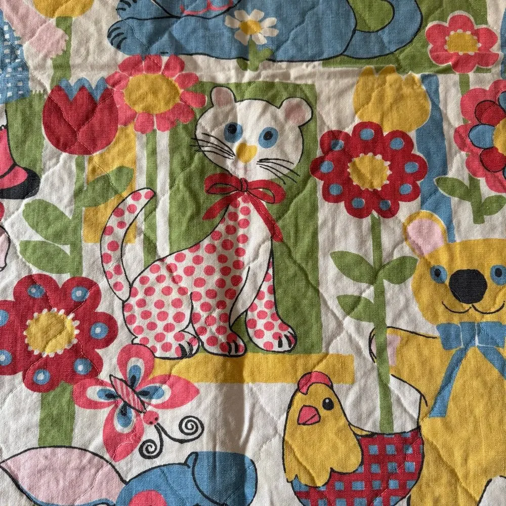 Vintage 1970s Kids Quilt Puppy Chicken Turtle Teddy Bear Doll Blanket 42